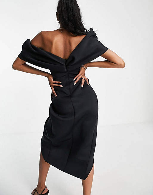 Women Tall 2 piece off shoulder pencil wrap tuck midi dress in black 
