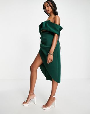 ASOS DESIGN Tall 2 piece off shoulder pencil wrap tuck midi dress in forest  green