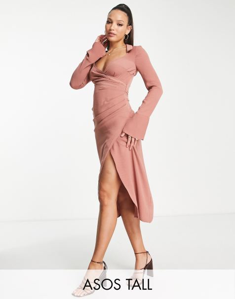 ASOS DESIGN Maternity mesh sleeve ruched midi dress in red