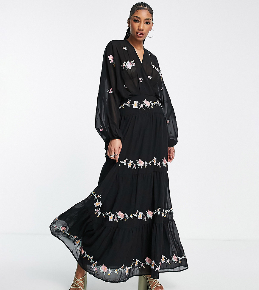 ASOS DESIGN Tall 70s tiered embroidered maxi dress in black