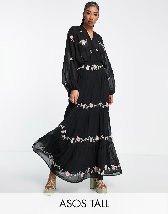 ASOS DESIGN Tall 70s tiered embroidered maxi dress in black