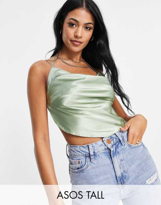 ASOS DESIGN Tall 90s satin scarf double tie halter in sage