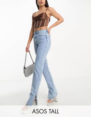 Asos Tall Asos Design Tall 90s Straight Jean In Light Blue With Split Hem