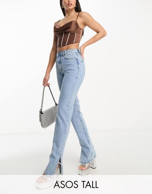 DTT Tall straight leg jeans with raw hem and knee rips in light blue, ASOS