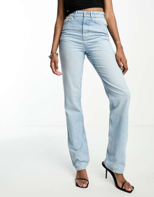 DTT Tall straight leg jeans with raw hem and knee rips in light blue, ASOS