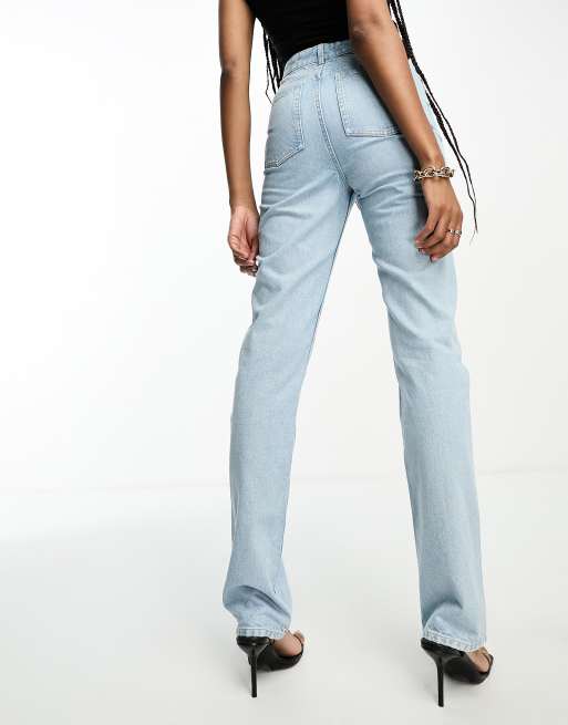 DTT Tall straight leg jeans with raw hem and knee rips in light blue, ASOS