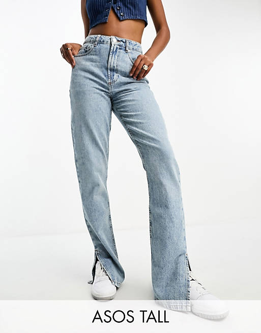 ASOS DESIGN Tall 90s straight jeans in mid blue split hem | ASOS