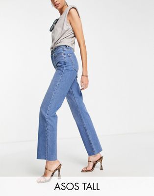 ASOS DESIGN Tall 90's straight jean with raw hem in mid blue - ASOS Price Checker