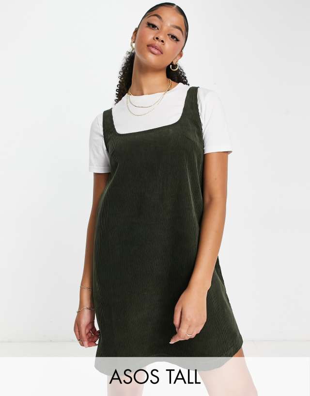 ASOS DESIGN Tall A-line cord pinny dress in forest green