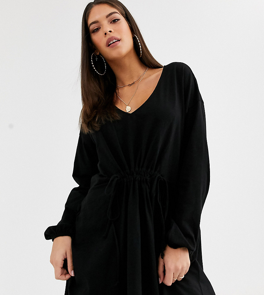 ASOS DESIGN Tall - Aangerimpelde jurk met lange mouwen en trekkoordje op de taille-Zwart