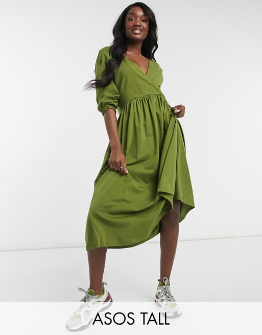 ASOS DESIGN Tall - Aangerimpelde midi jurk met overslagtop in olijfgroen