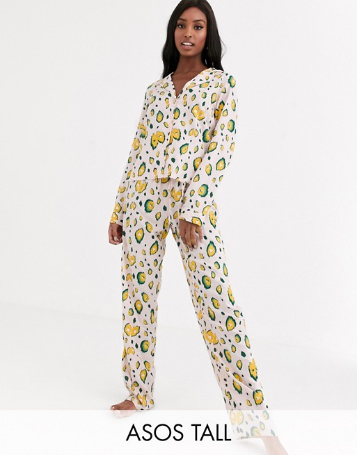 ASOS DESIGN Tall abstract animal shirt & trouser pyjama set in 100% modal