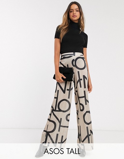 ASOS DESIGN Tall abstract printed satin wide leg trouser