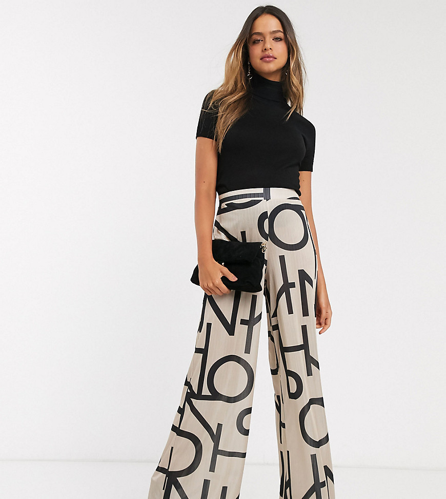 ASOS DESIGN Tall abstract printed satin wide leg trouser-Beige