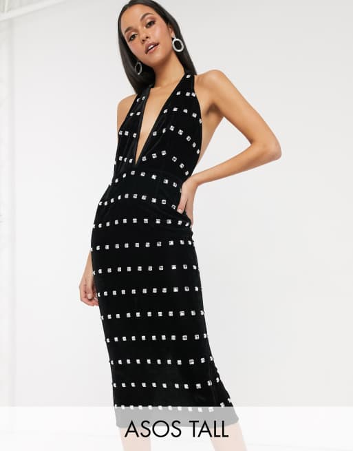 ASOS DESIGN Tall – Aksamitna sukienka midi ze zdobieniem, dekolt typu halter
