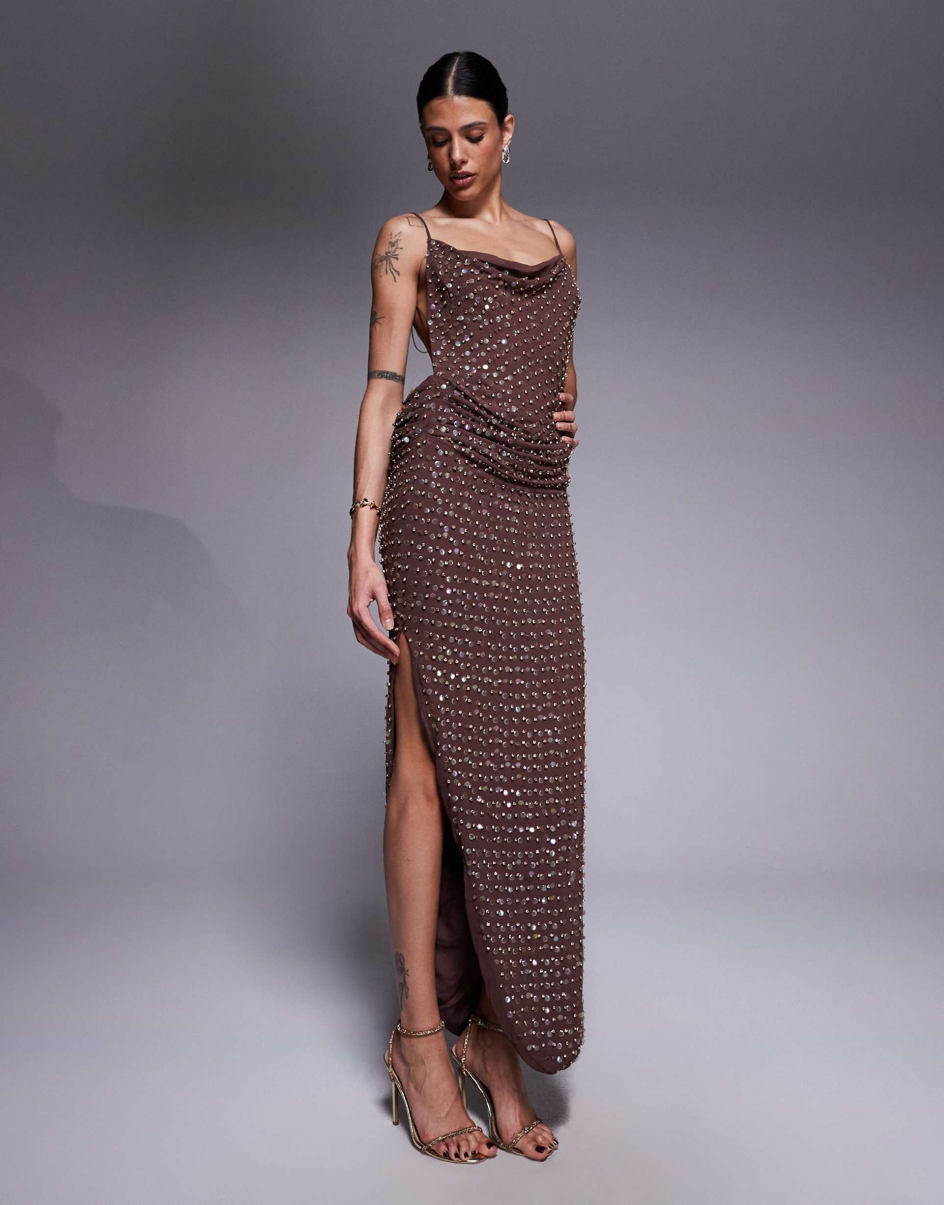 asos design tall all over embellished cowl neck drape midaxi dress with chain strap detailing in chocolate