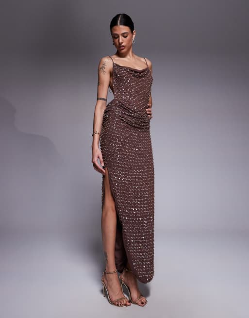 ASOS DESIGN Tall all over embellished cowl neck drape midaxi dress with chain strap detailing in chocolate