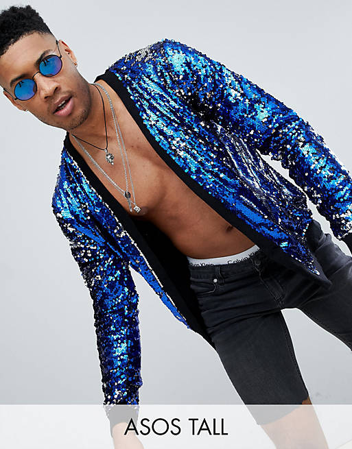 ASOS DESIGN Tall all over sequin cardigan in blue and silver | ASOS