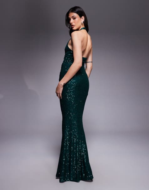 ASOS DESIGN Tall all over sequin plunge maxi dress in emerald green - view 1