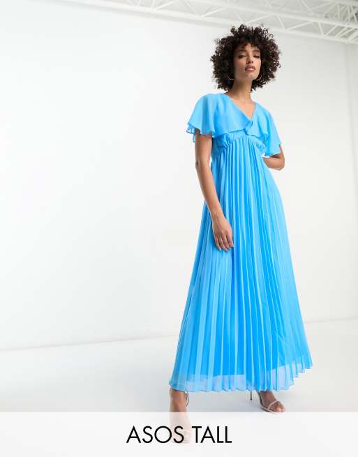 ASOS DESIGN Tall angel cape sleeve pleated hem maxi dress in blue