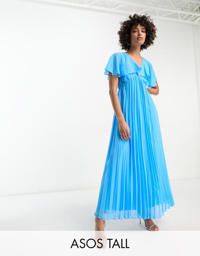 ASOS DESIGN Tall angel cape sleeve pleated hem maxi dress in blue