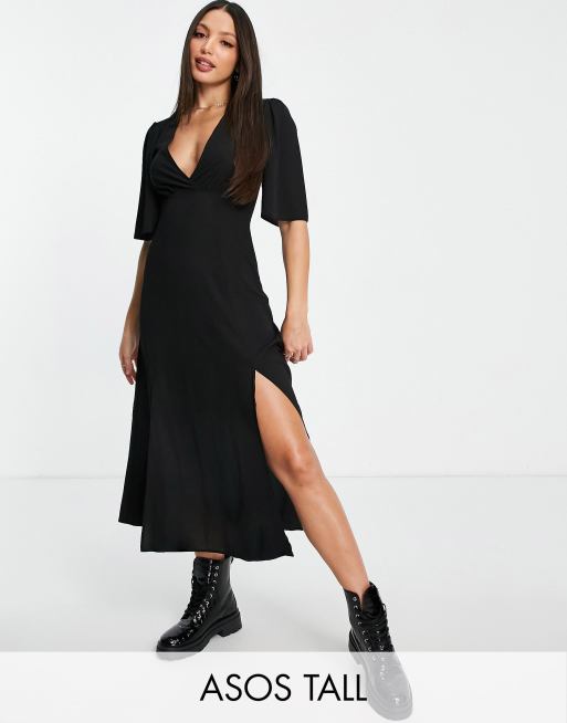 Petite V Neck Angel Sleeve Midi Dress