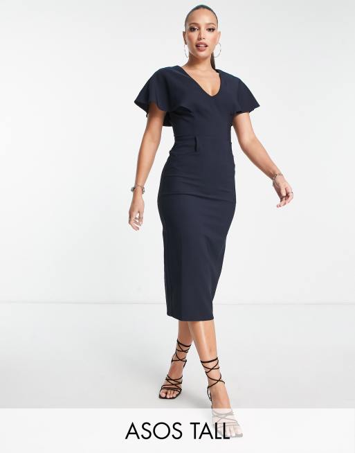 ASOS DESIGN Tall angel sleeve midi pencil dress in navy