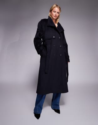 ASOS DESIGN Tall - Angerauter Longline-Trenchcoat in Marineblau mit Stehkragen-Neutral