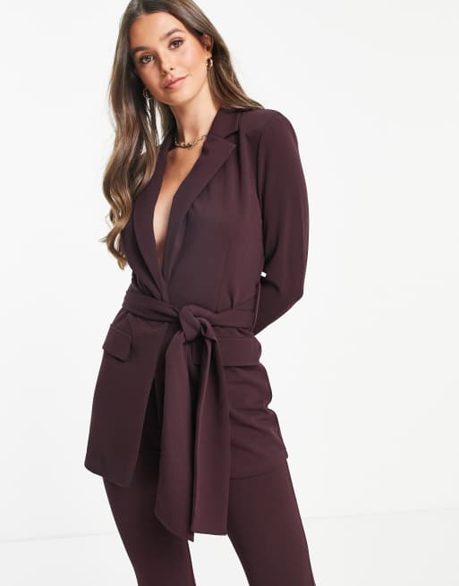 ASOS DESIGN Tall – Anzugblazer aus Jersey in Weinrot mit Obi-Bindegürtel in der Taille, 3 von 4