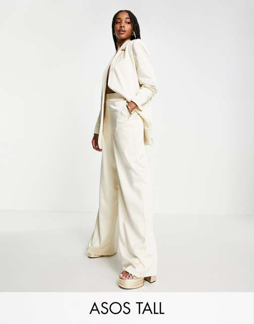 ASOS DESIGN Tall Anzughose aus Satin in Creme mit Nadelstreifen hohem Bund und weitem Bein ASOS