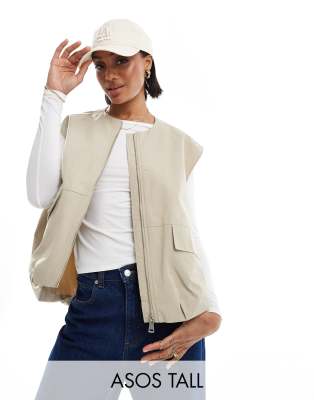 ASOS DESIGN Tall - Ärmellose, kragenlose Utility-Weste in Stein-Neutral