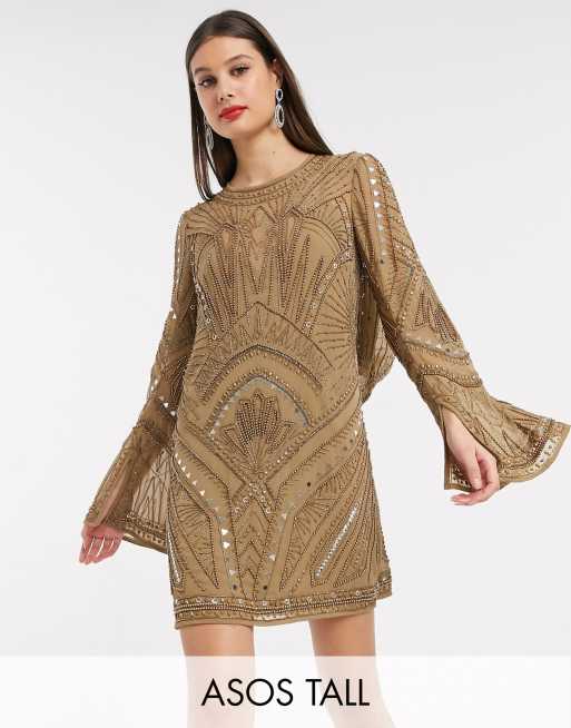 ASOS DESIGN Tall – Armour – Superkurzes, verziertes Etuikleid mit Wasserfallausschnitt hinten