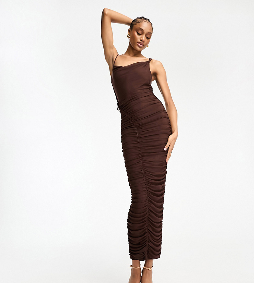 Asos Tall Asos Design Tall Asymmetric Cowl Cami Midi Dress With Diagonally Ruched Skirt In Chocolate-brown