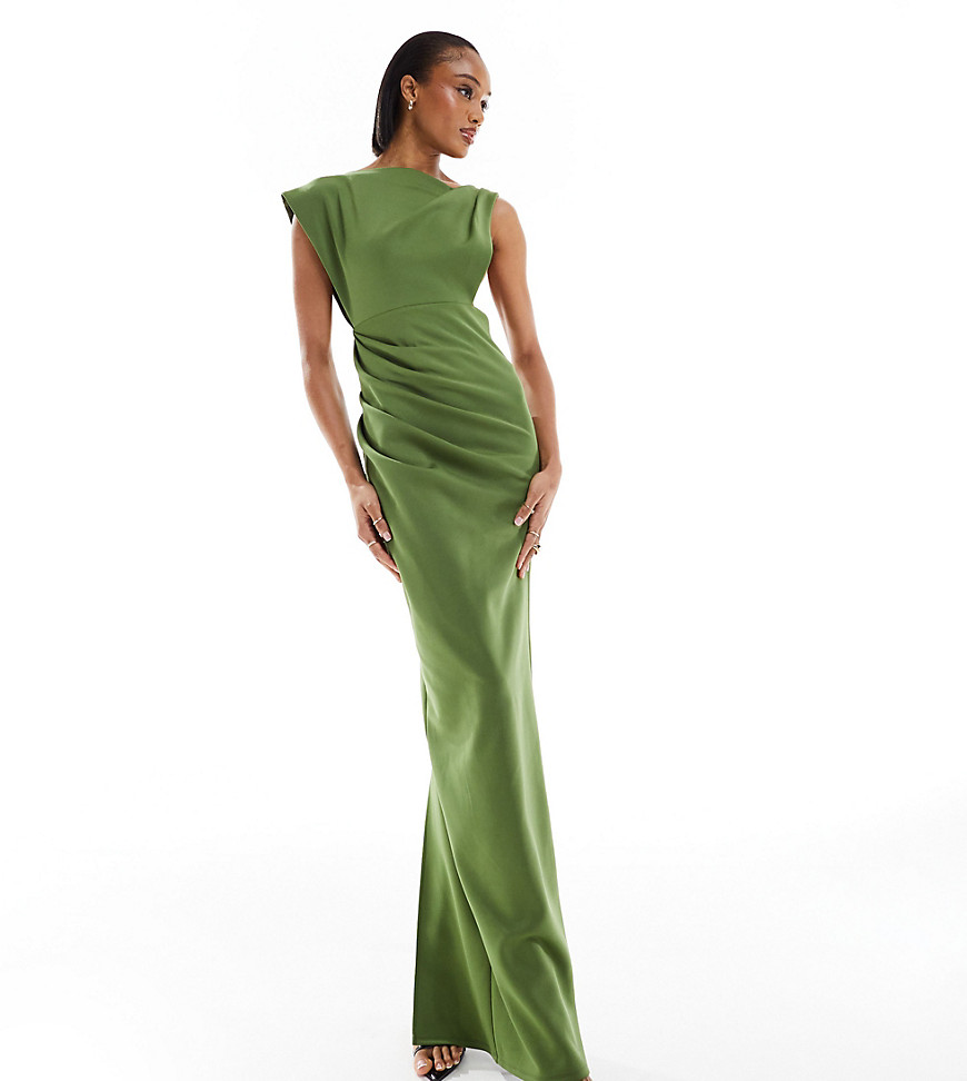 Asos Tall Asos Design Tall Asymmetric High Neck Minimal Maxi Dress In Olive-green