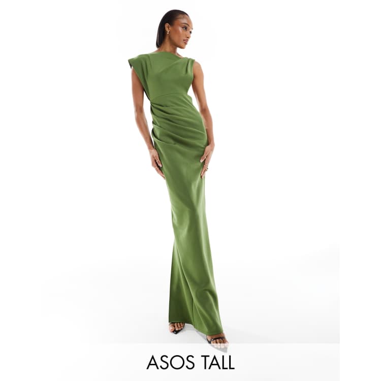 ASOS DESIGN Tall asymmetric high neck minimal maxi dress in olive