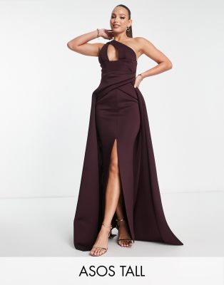 ASOS DESIGN Tall asymmetric neck maxi dress with train in aubergine - ASOS Price Checker