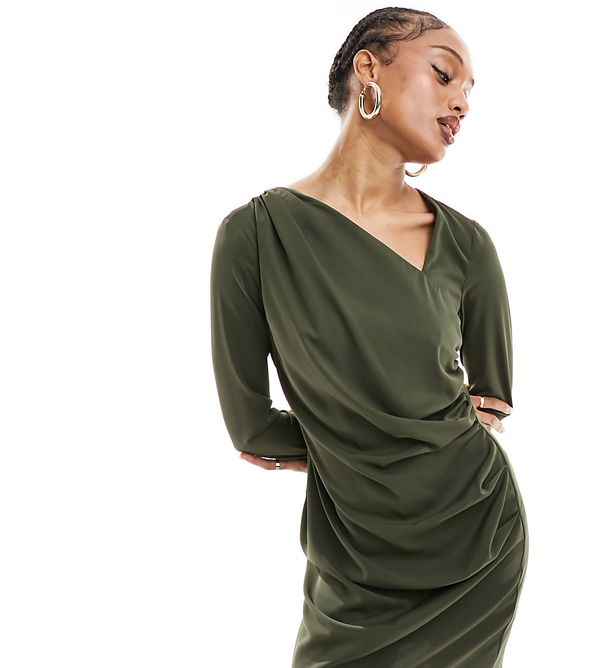 ASOS DESIGN Tall asymmetric neck ruched sleeve mini dress in khaki-Green