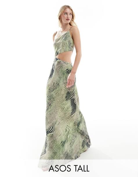 ASOS DESIGN Tall asymmetric neckline maxi dress with cut out in abstract animal print - view 1
