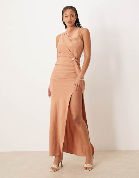 ASOS DESIGN Tall asymmetric neckline maxi dress with hardware trim in mocha - view 1