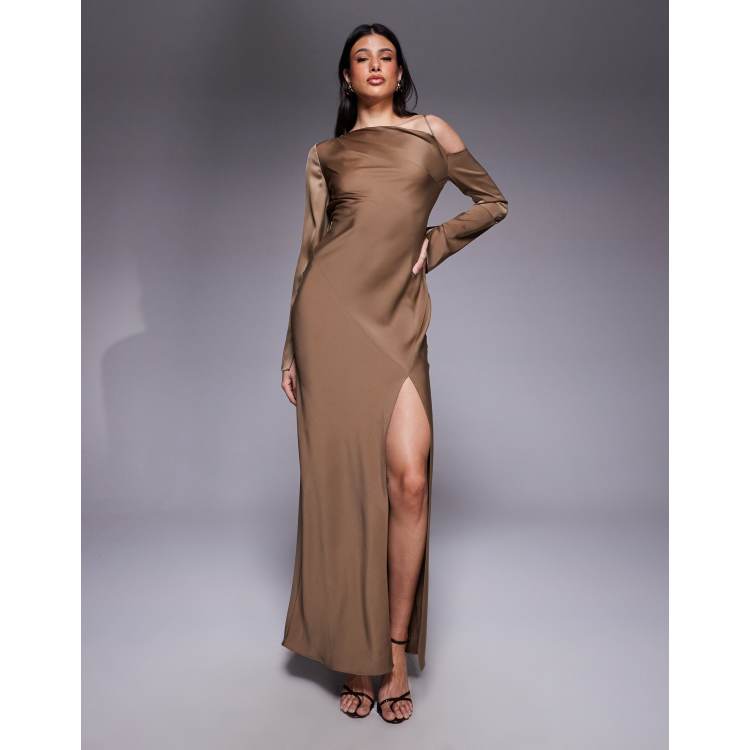 white christmas dresses Rent ASOS DESIGN Satin Asymmetric Hem Slip Dress With Tendril Bodice Detail  In Soft Pink