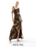 [ASOS Tall] ASOS DESIGN Tall asymmetric shoulder bias cut maxi dress with ruffle details in abstract print-Multi 6 Abstract print