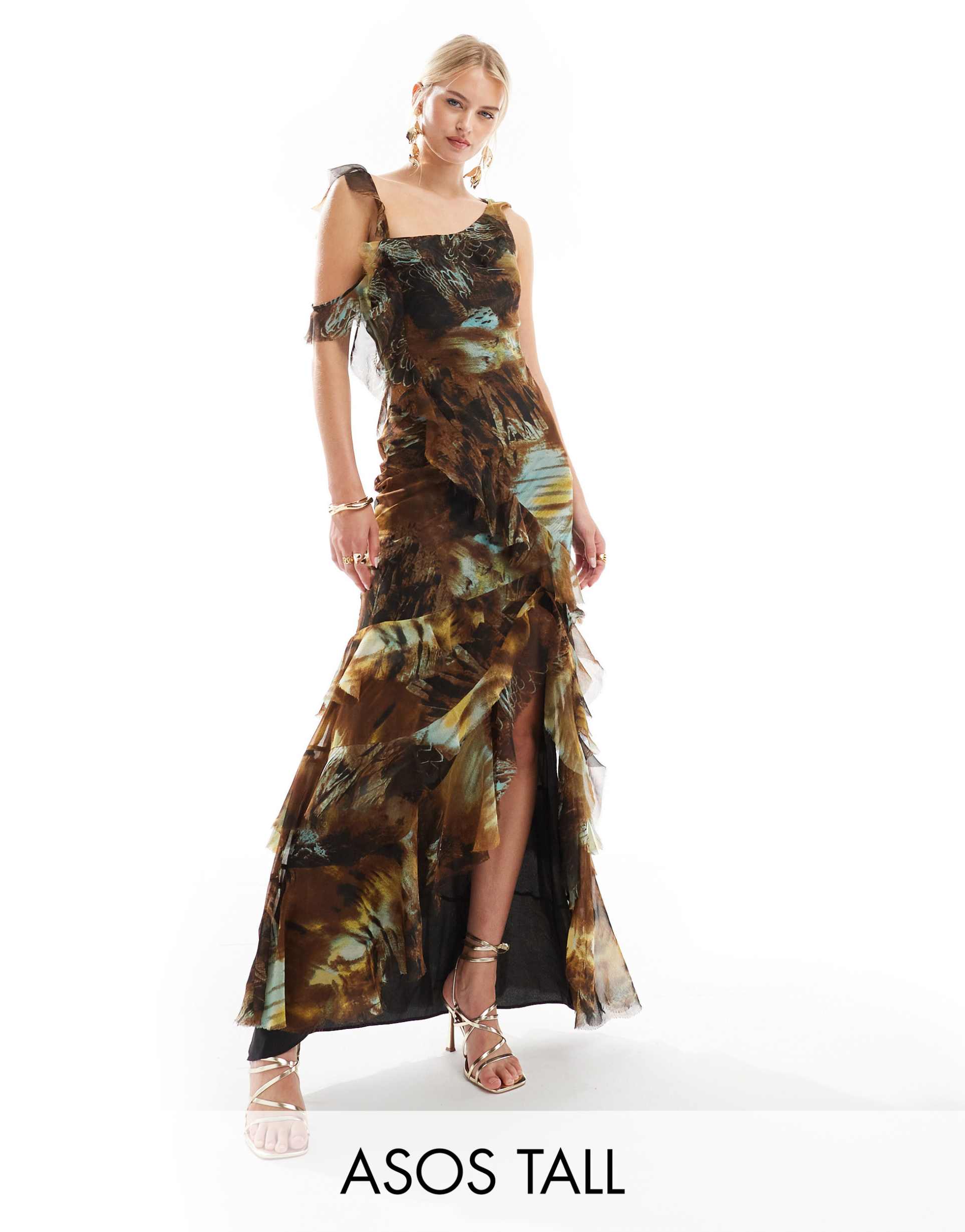 asos design tall asymmetric shoulder bias cut maxi dress with ruffle details in abstract print