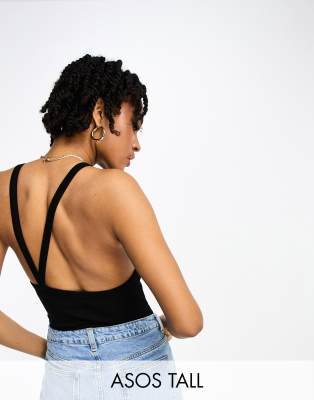 Asos Tall Asos Design Tall Asymmetric Strappy Back Bodysuit In Black