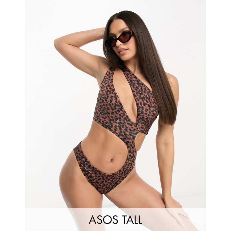 ASOS DESIGN asymmetric one shoulder high leg swimsuit in black