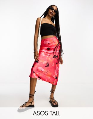 ASOS DESIGN Tall - Asymmetrischer Midirock aus Satin in Rosa mit abstraktem Blumenmuster