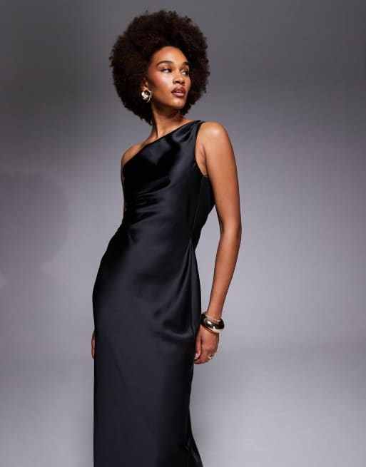 ASOS DESIGN Tall – Asymmetrisches Satin-Maxikleid in Schwarz mit One-Shoulder-Träger und Drapierung, 3 von 4