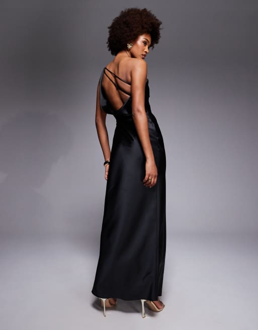 ASOS DESIGN Tall – Asymmetrisches Satin-Maxikleid in Schwarz mit One-Shoulder-Träger und Drapierung, 4 von 4