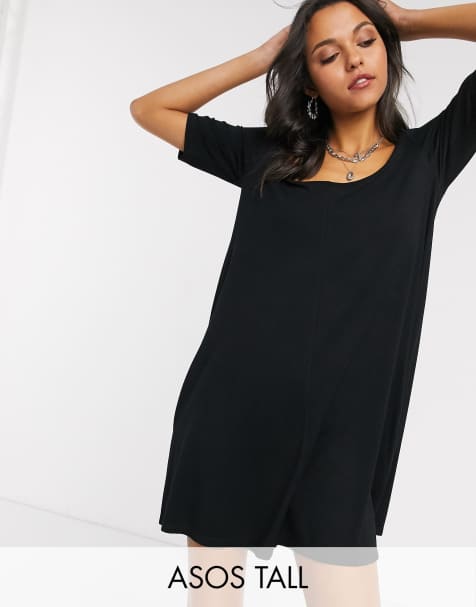 ASOS DESIGN Tall – Ausgestelltes, schwarzes T-Shirt-Kleid mit unsichtbaren Taschen