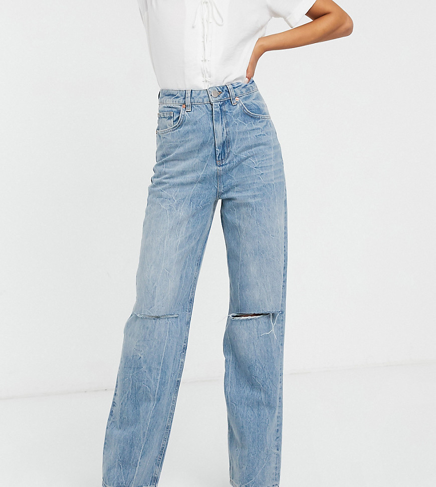 ASOS DESIGN Tall – Avslappnade dad jeans i ljus vintage-tvätt med hög midja och slitningar-Blå