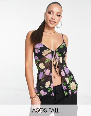 ASOS DESIGN Tall - Babydoll-Oberteil aus lila Netzstoff mit schmalen Trägern, Schnürung vorne und Rosen-Muster-Bunt